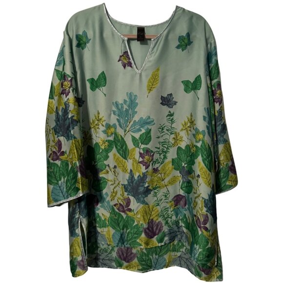 Floral Leaf Print Tunic Top Size XL By Cabernet 100% Polyester Green blouse - Picture 1 of 12